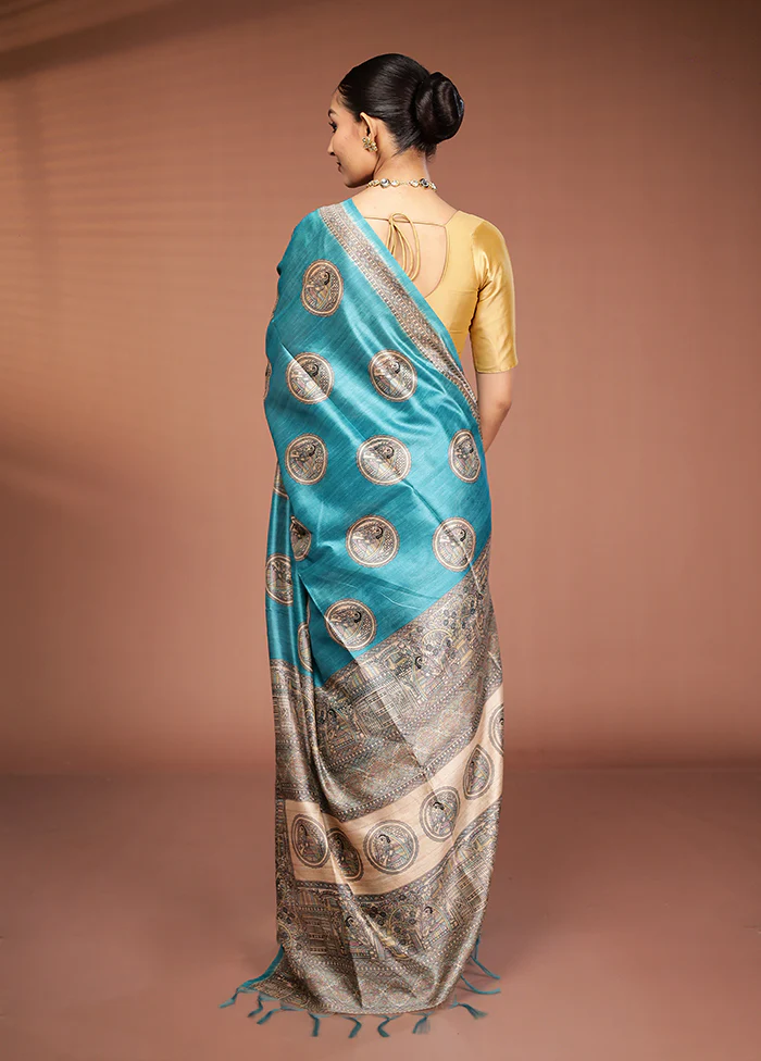 Green Tussar Silk Saree With Blouse Piece - Image 3