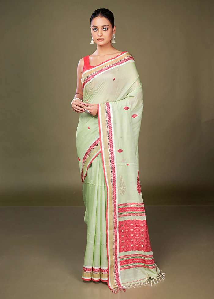 Green Tussar Silk Saree With Blouse Piece - Image 2