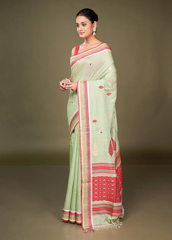 Green Tussar Silk Saree With Blouse Piece - Image 4