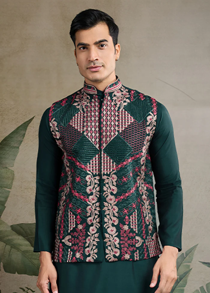 Green Viscose Kurta With Jacket - Image 2