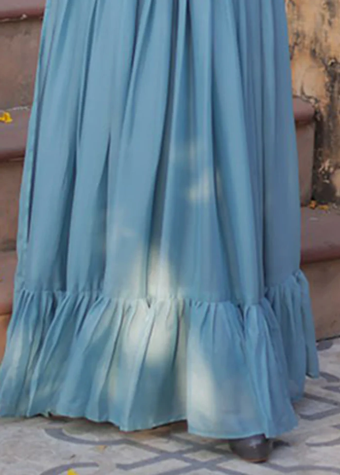 Green Woven Work Georgette Gown With Dupatta - Image 3