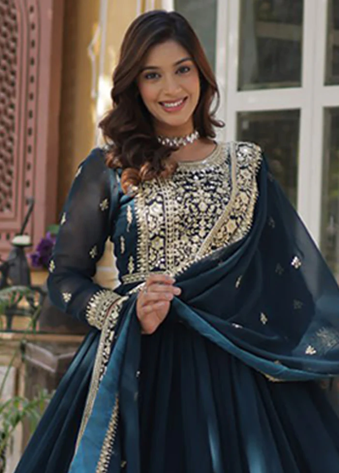 Green Woven Work Silk Gown With Dupatta - Image 2