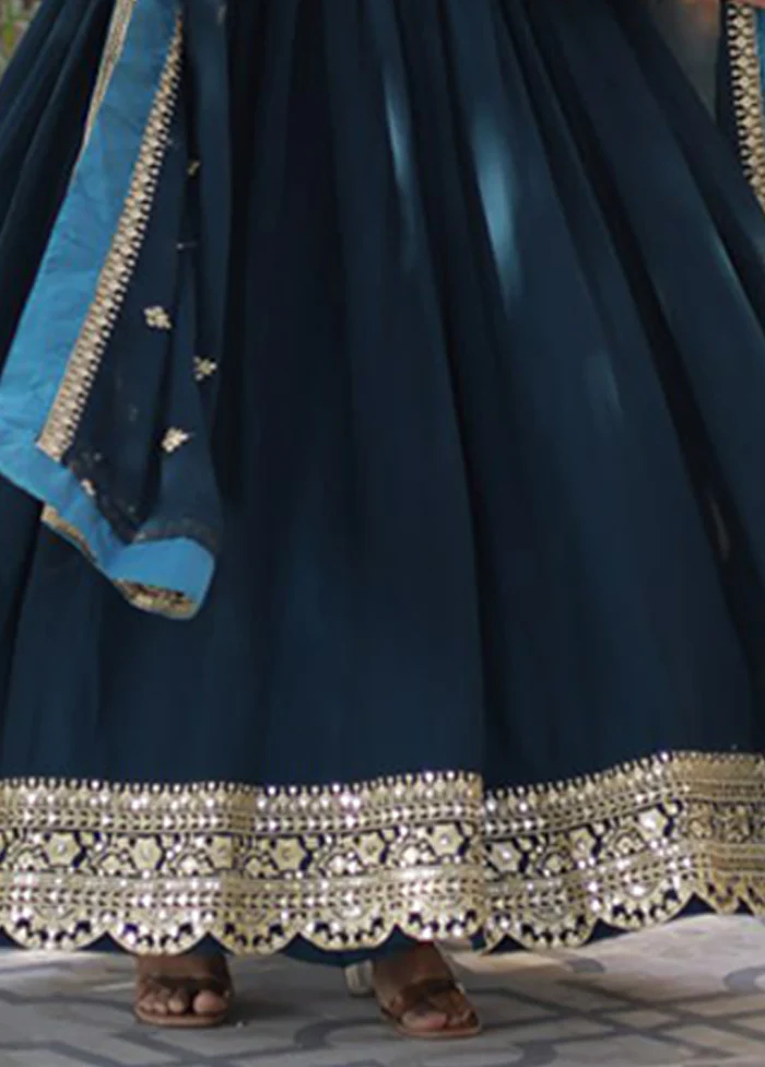 Green Woven Work Silk Gown With Dupatta - Image 3