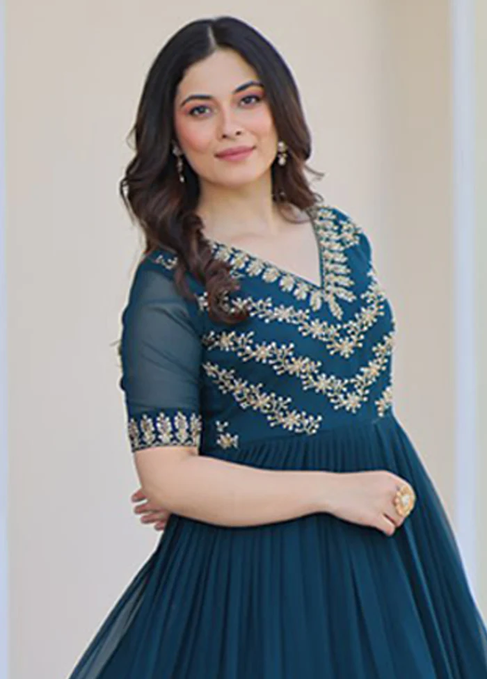 Green Woven Work Silk Gown - Image 2