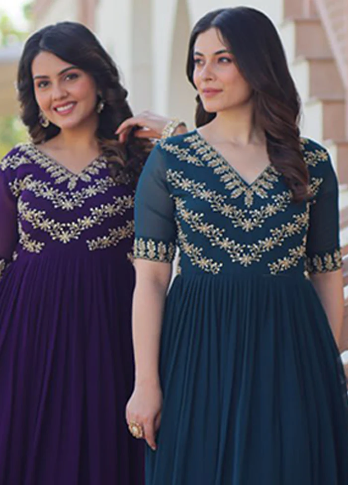 Purple & Green Woven Work Silk Gown pack of 2 - Image 2
