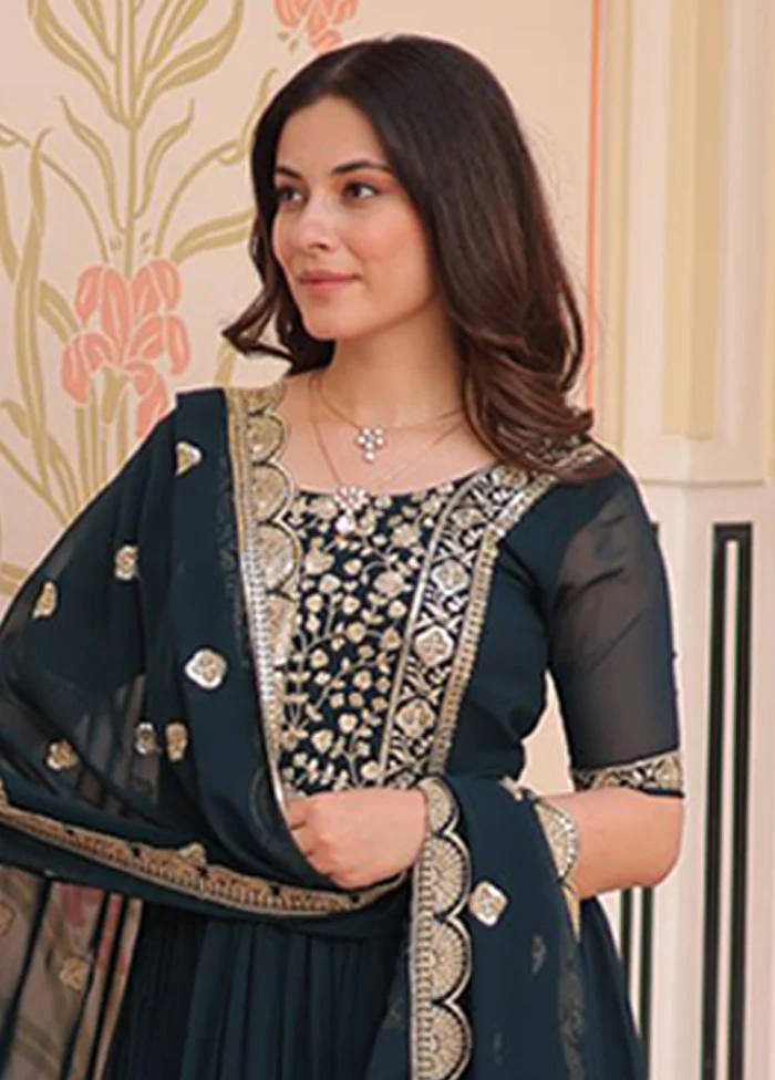 Green Woven Work Silk Gown With Dupatta - Image 2