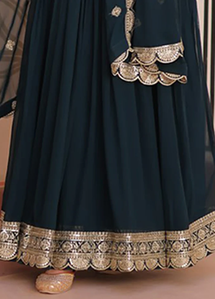 Green Woven Work Silk Gown With Dupatta - Image 3