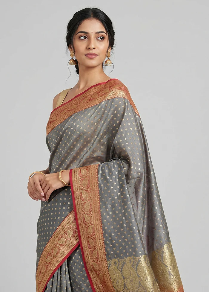 Grey Banarasi Silk Saree With Blouse Piece - Image 2