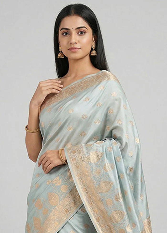 Grey Banarasi Silk Saree With Blouse Piece - Image 2