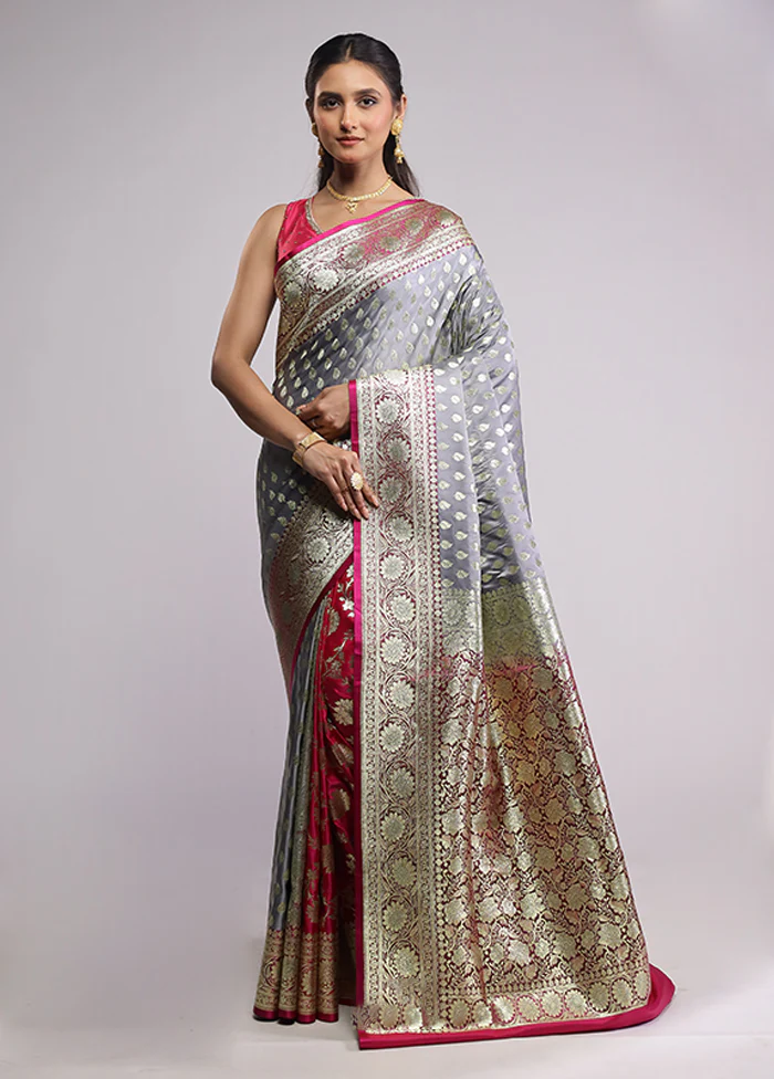 Grey Banarasi Silk Saree With Blouse Piece - Image 2