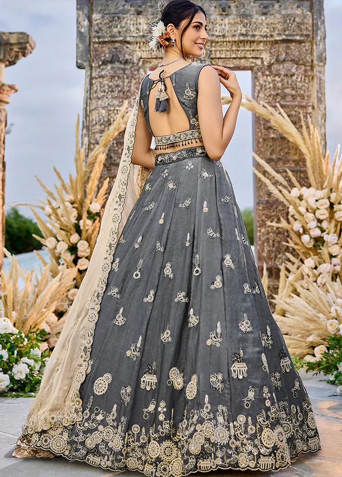 Grey Blended Silk Ready to wear Lehenga Set - Image 3