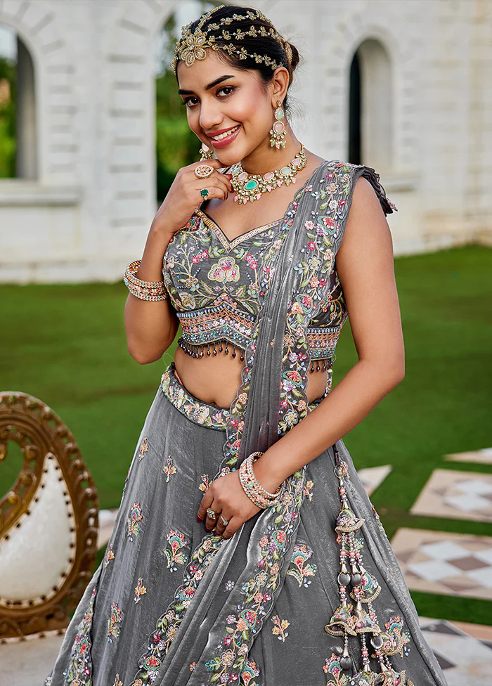 Grey Blended Silk Ready to wear Lehenga Set - Image 2