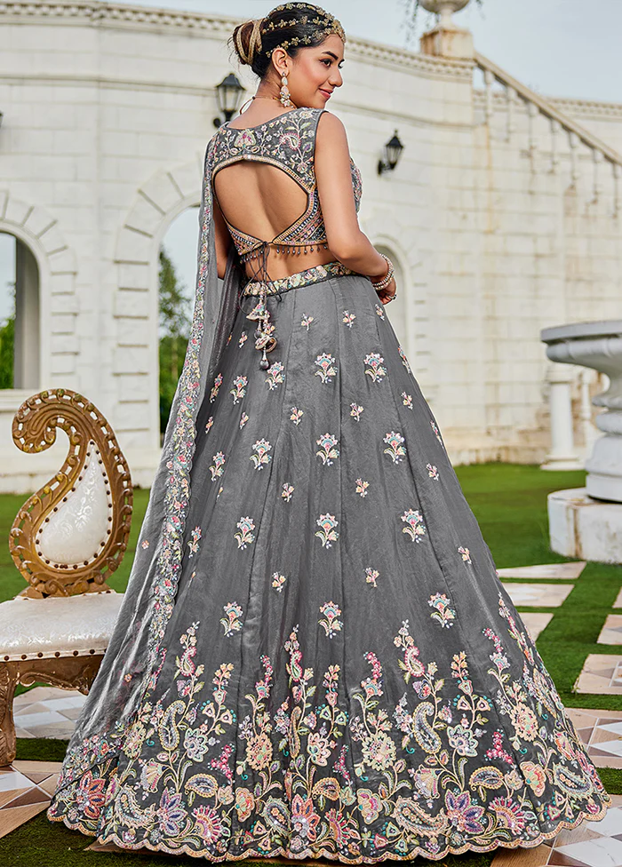 Grey Blended Silk Ready to wear Lehenga Set - Image 3