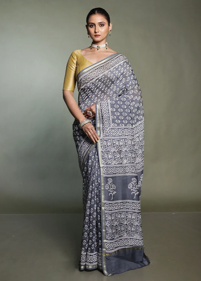 Grey Chanderi Cotton Saree With Blouse Piece - Image 2
