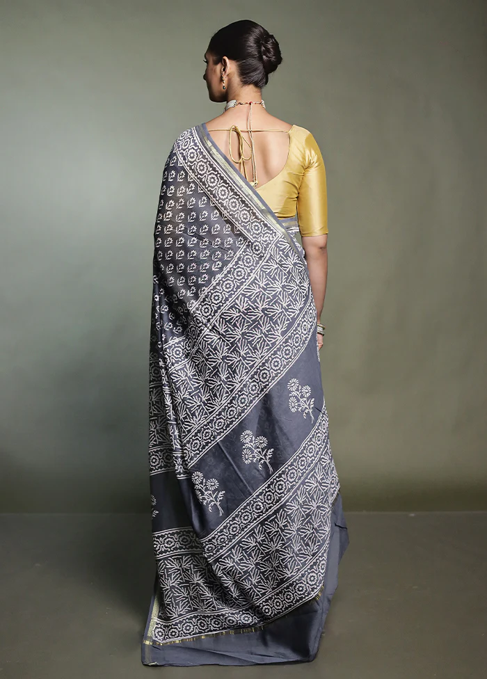 Grey Chanderi Cotton Saree With Blouse Piece - Image 3