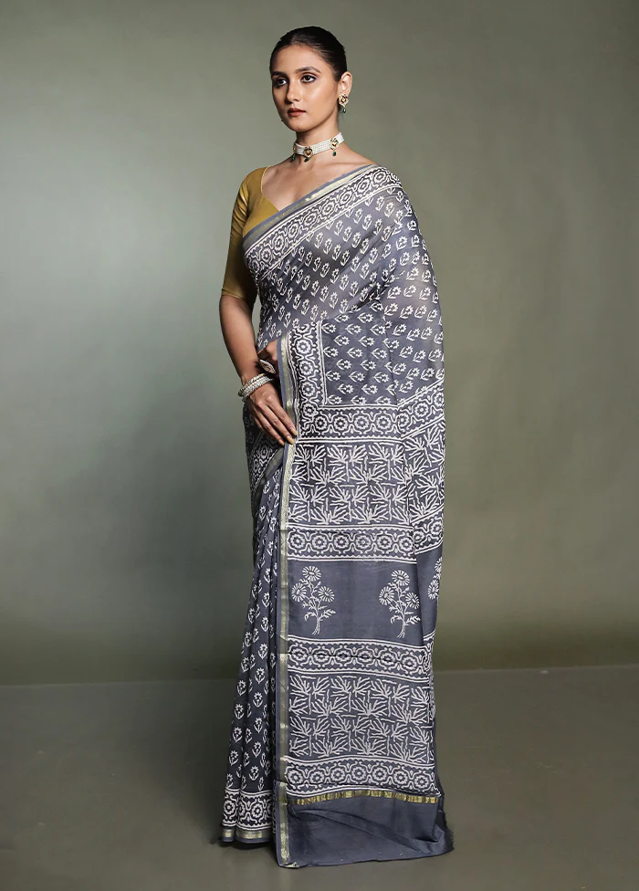 Grey Chanderi Cotton Saree With Blouse Piece - Image 4