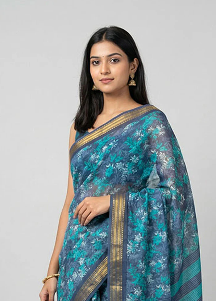 Grey Chanderi Cotton Saree With Blouse Piece - Image 2