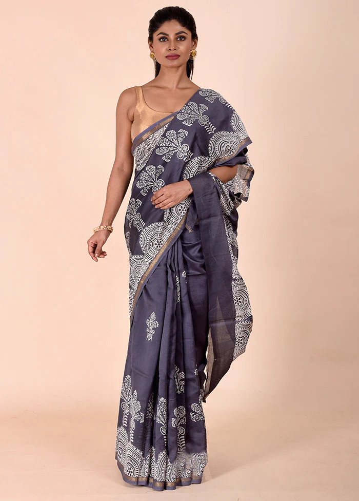 Grey Chanderi Cotton Saree With Blouse Piece - Image 2