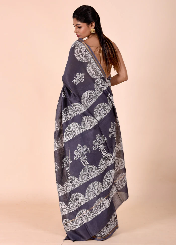 Grey Chanderi Cotton Saree With Blouse Piece - Image 3