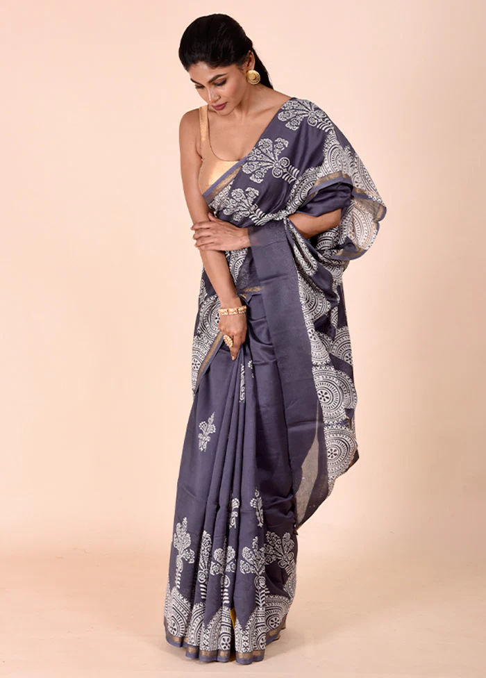 Grey Chanderi Cotton Saree With Blouse Piece - Image 4
