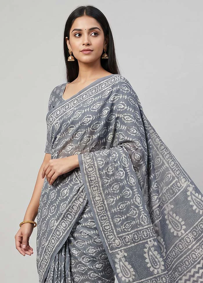 Grey Chanderi Cotton Saree With Blouse Piece - Image 2