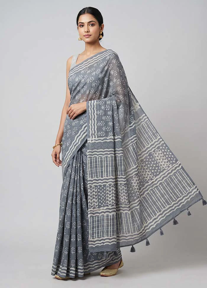 Grey Chanderi Cotton Saree With Blouse Piece