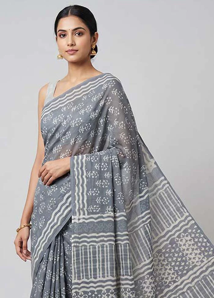 Grey Chanderi Cotton Saree With Blouse Piece - Image 2