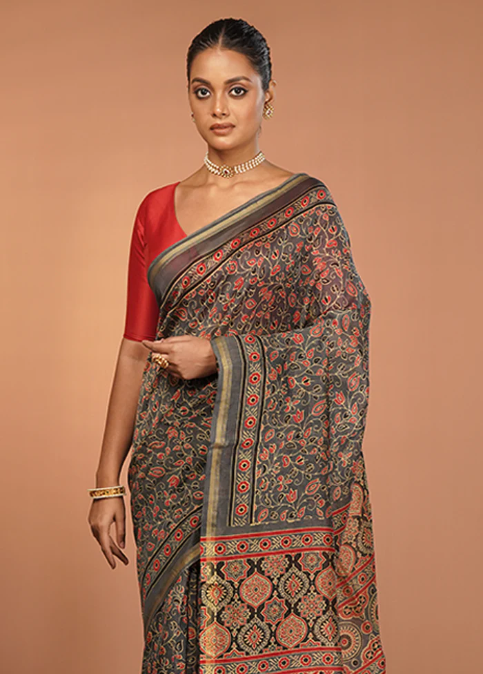 Grey Chanderi Cotton Saree With Blouse Piece