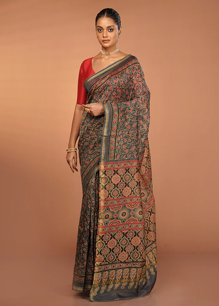Grey Chanderi Cotton Saree With Blouse Piece - Image 2