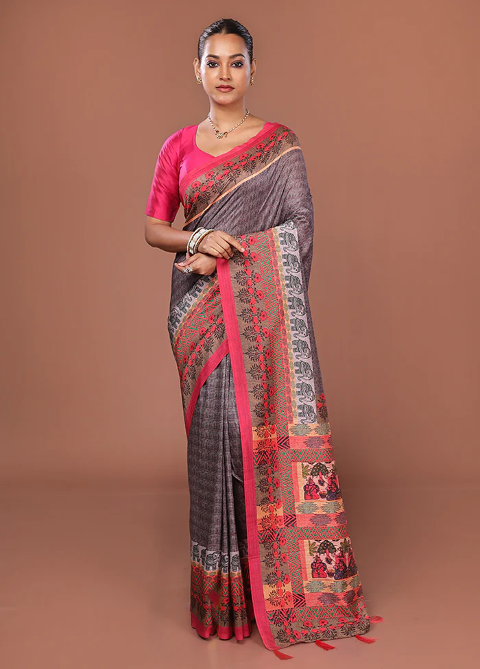Grey Chanderi Cotton Saree Without Blouse Piece - Image 2