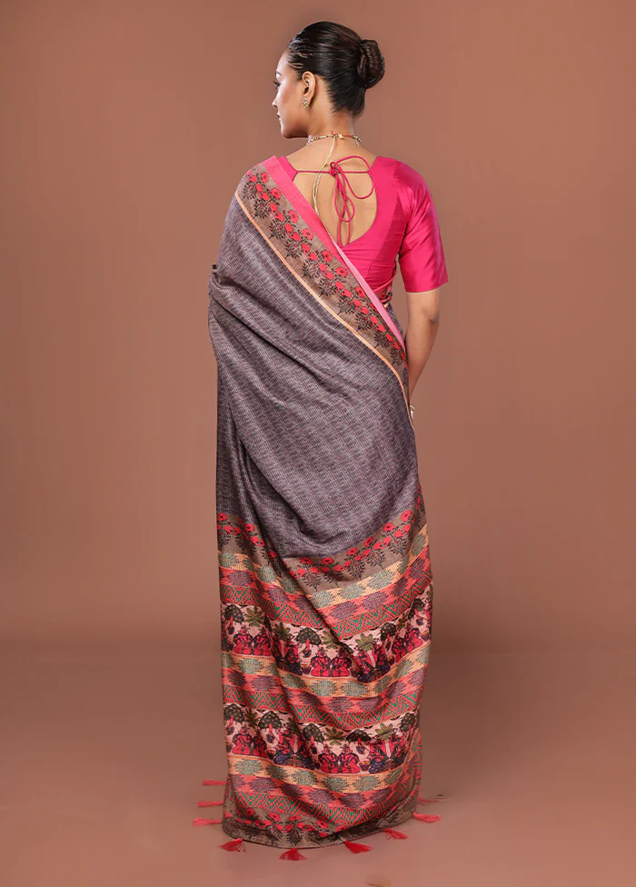 Grey Chanderi Cotton Saree Without Blouse Piece - Image 3