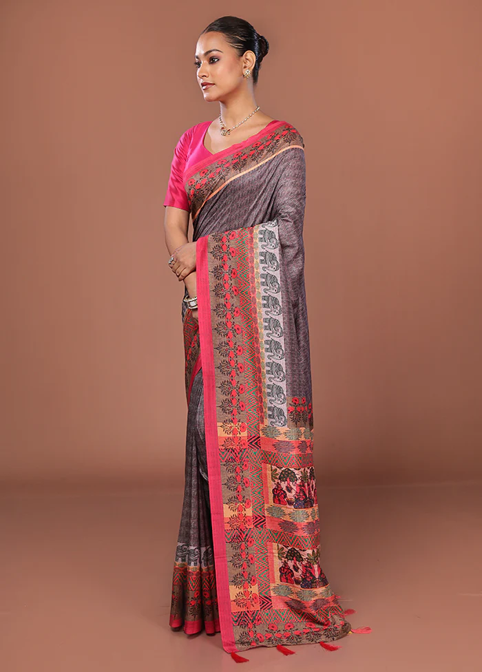 Grey Chanderi Cotton Saree Without Blouse Piece - Image 4