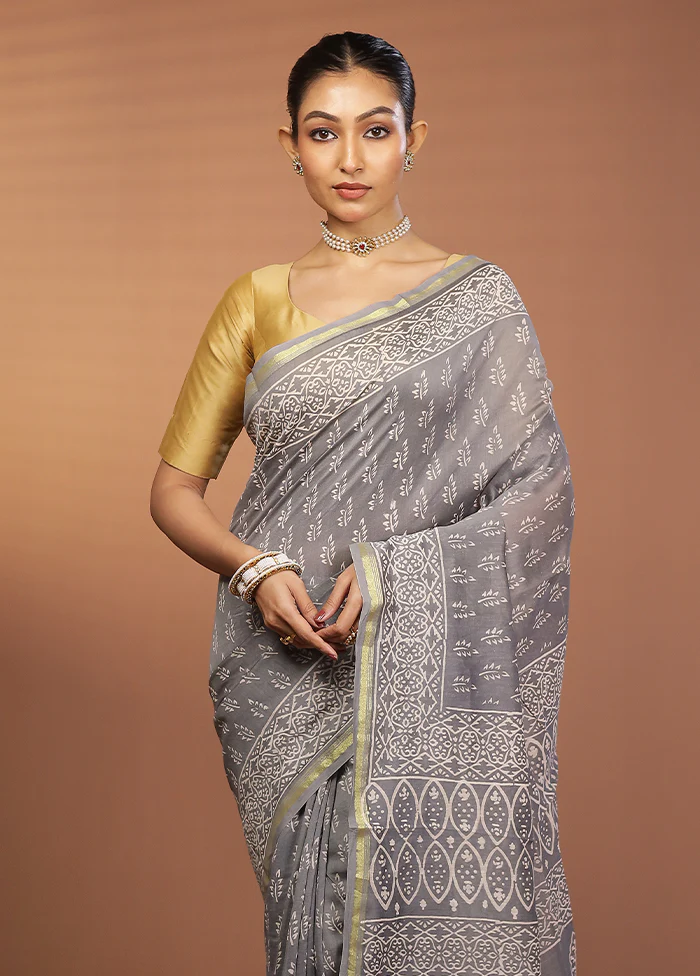 Grey Chanderi Silk Saree With Blouse Piece