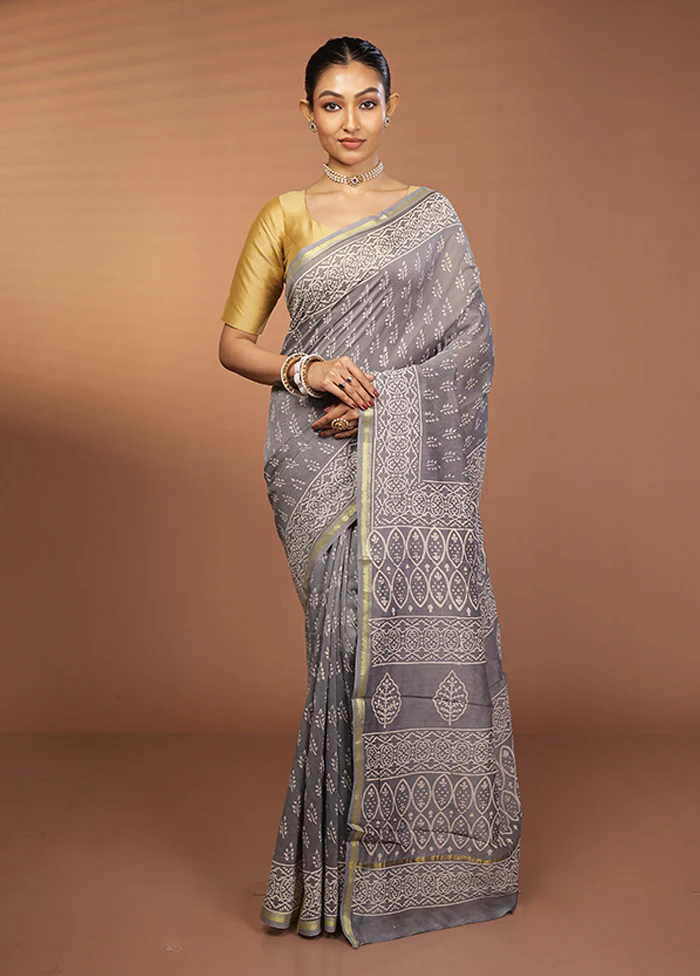 Grey Chanderi Silk Saree With Blouse Piece - Image 2