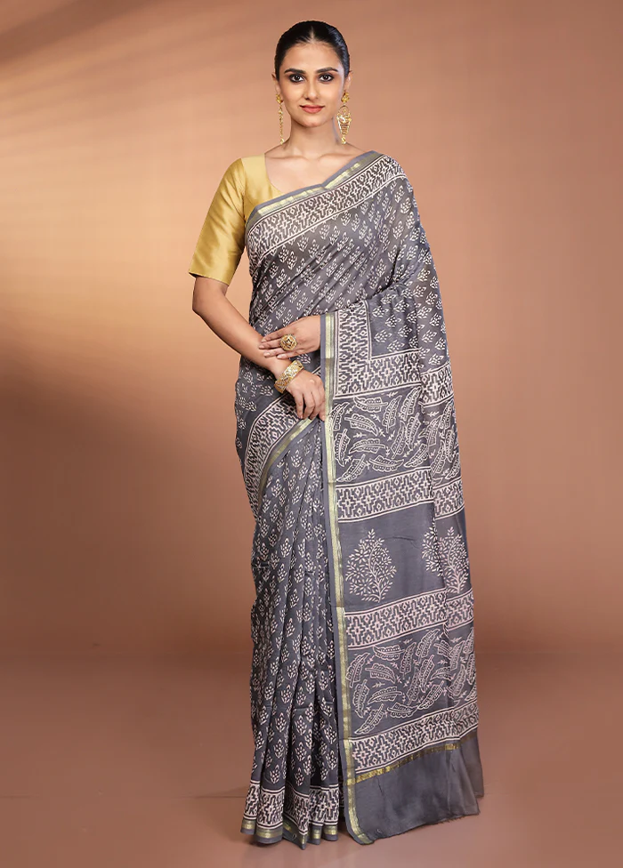 Grey Chanderi Silk Saree With Blouse Piece - Image 2