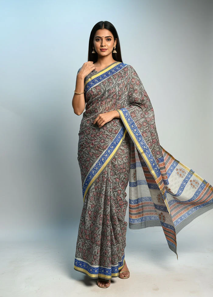 Grey Chanderi Silk Saree With Blouse Piece