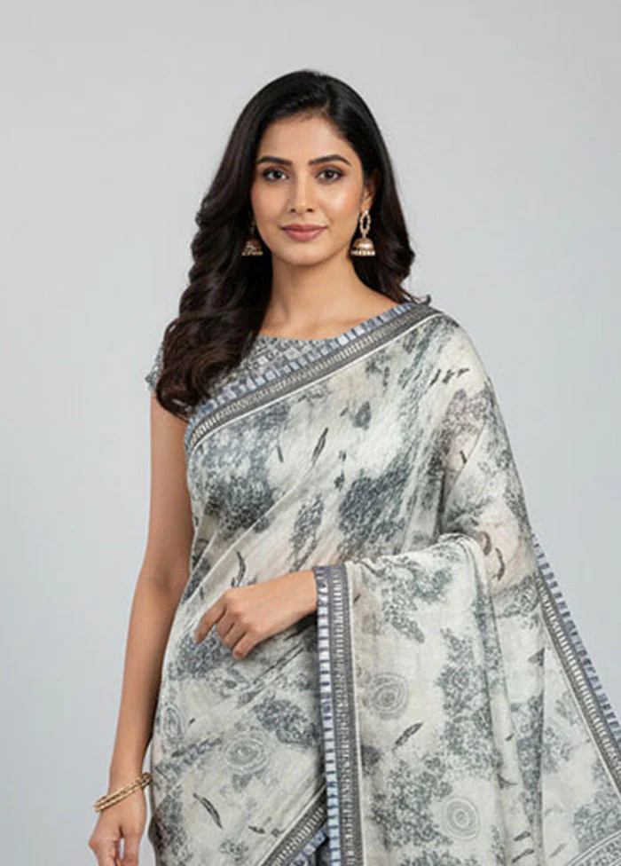 Grey Chiffon Silk Saree With Blouse Piece - Image 2