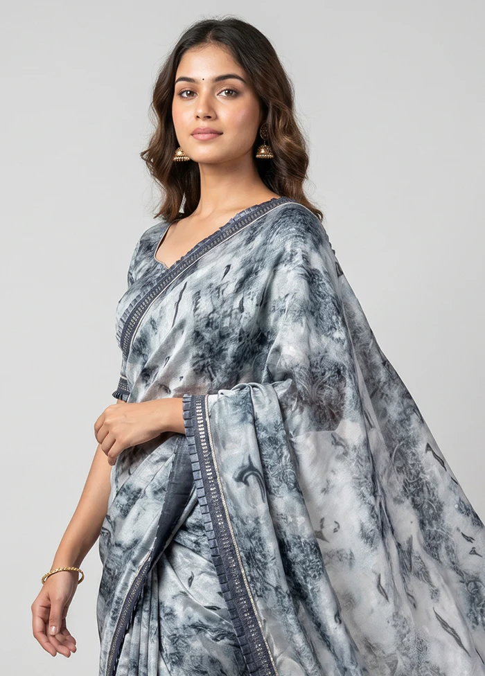 Grey Chiffon Silk Saree With Blouse Piece - Image 2