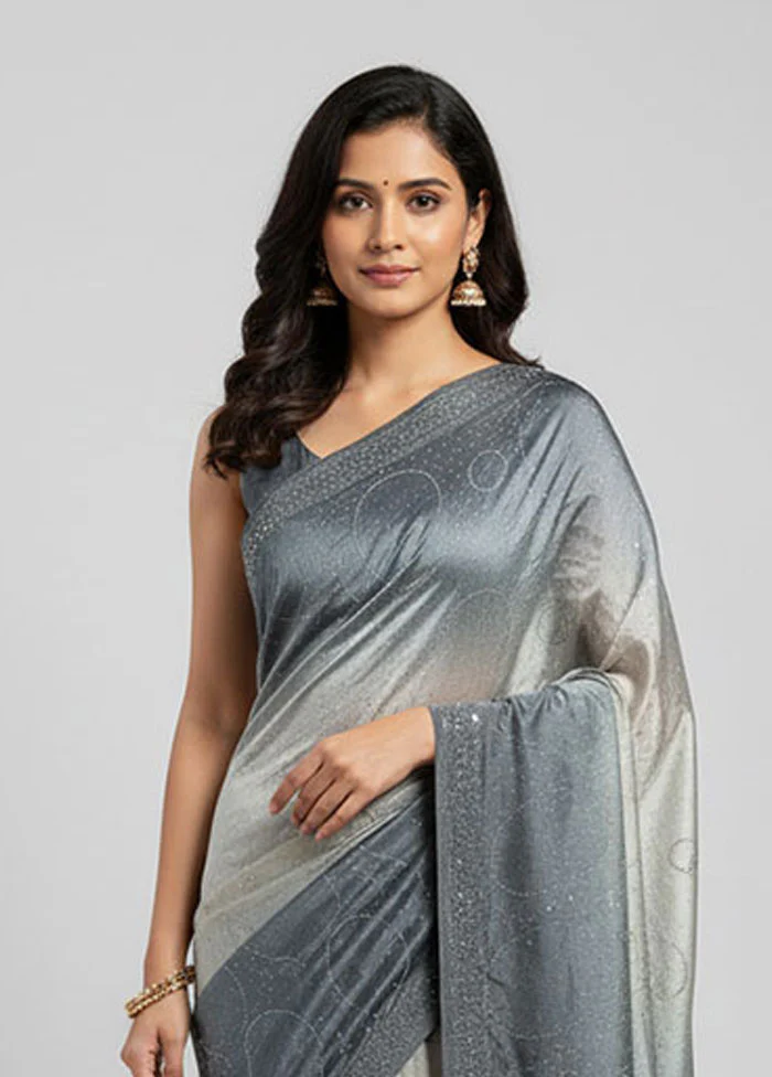 Grey Chiffon Silk Saree With Blouse Piece - Image 2