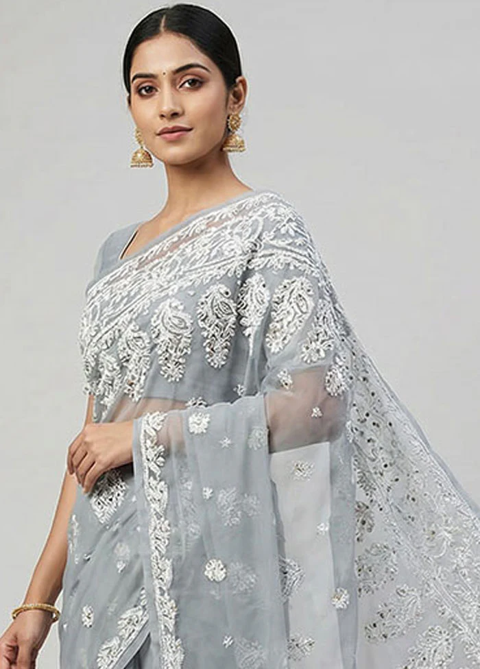 Grey Chiffon Silk Saree With Blouse Piece - Image 2