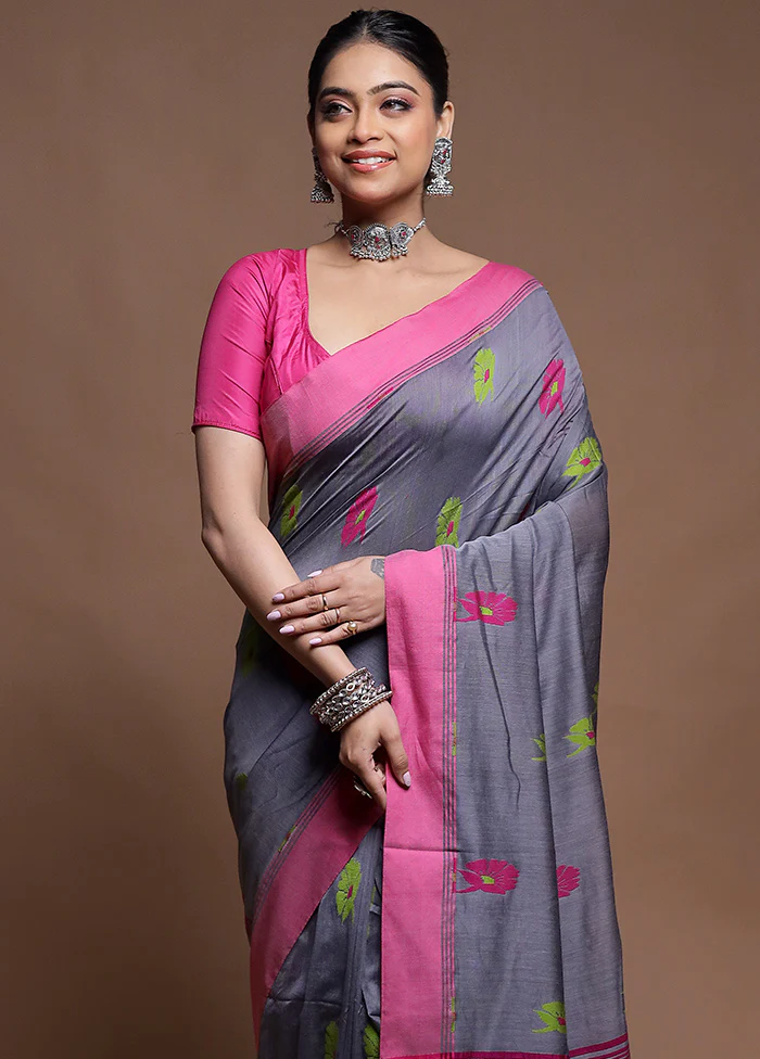 Grey Cotton Saree With Blouse Piece - Image 2
