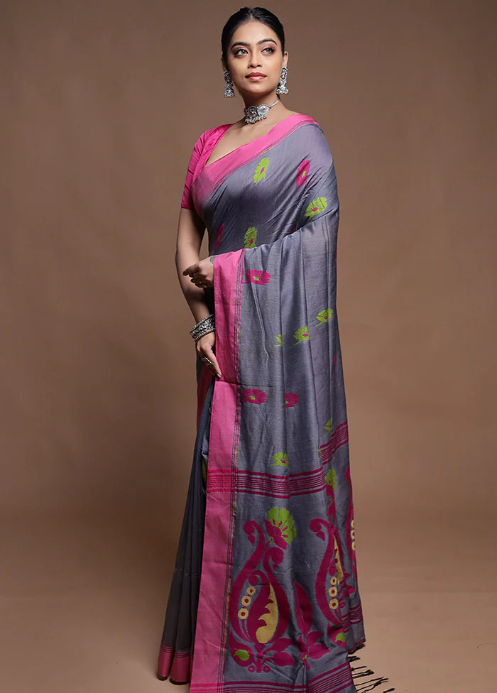 Grey Cotton Saree With Blouse Piece - Image 4