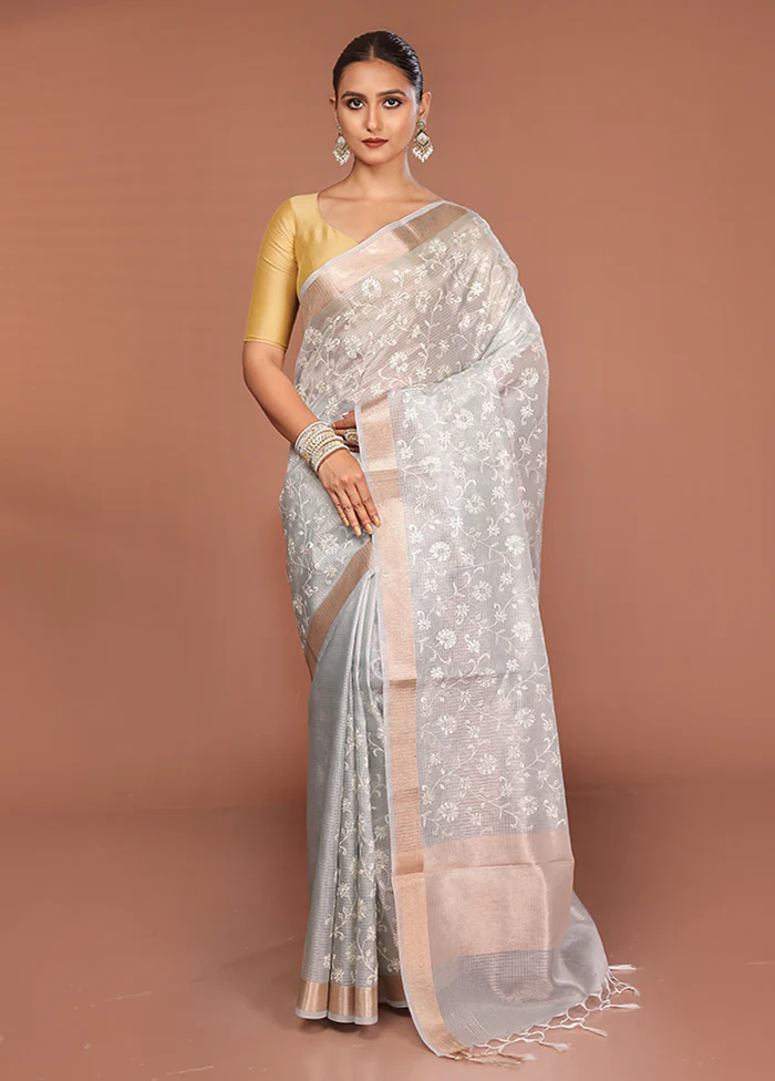 Grey Cotton Saree With Blouse Piece - Image 2