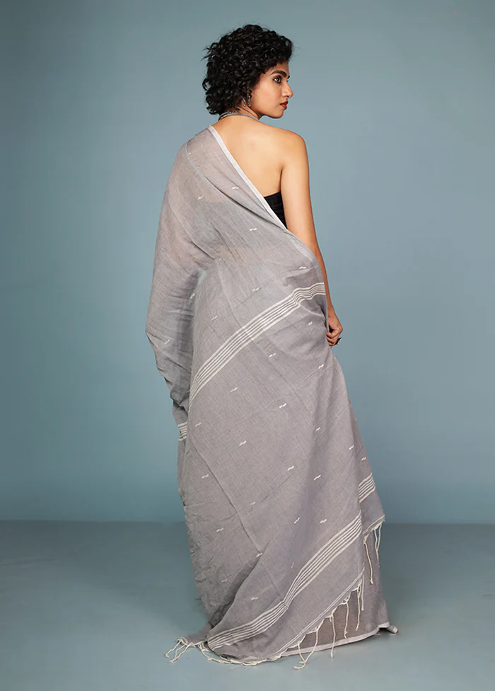 Grey Cotton Saree With Blouse Piece - Image 3