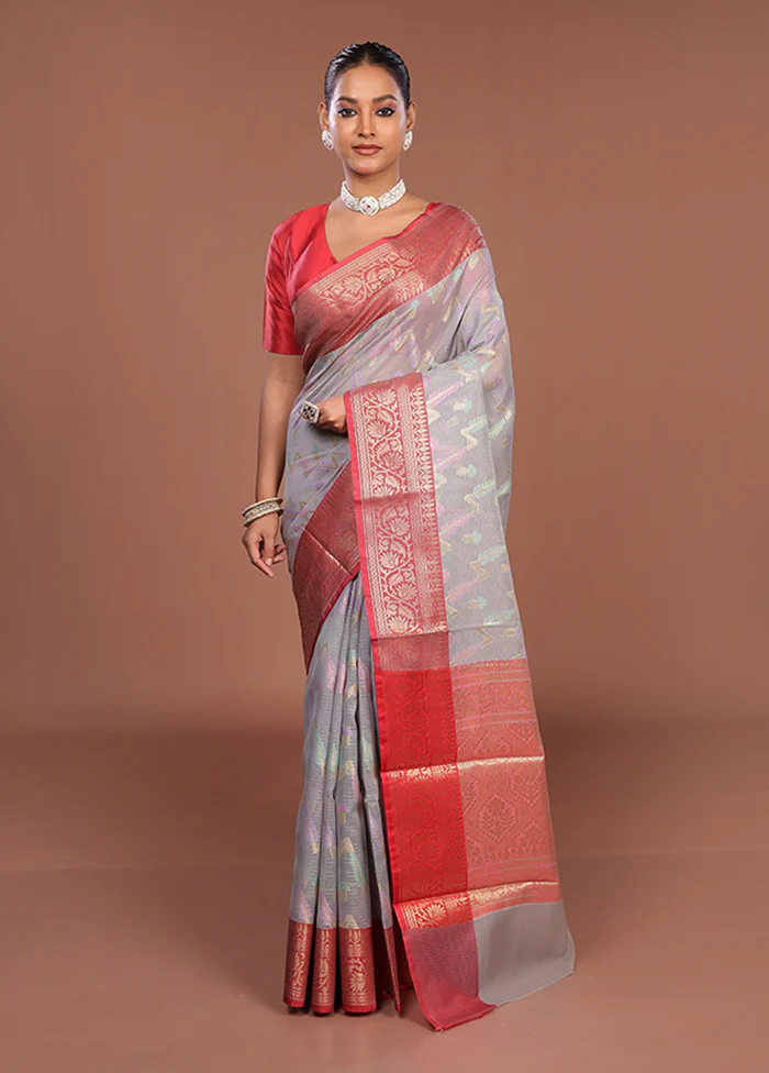 Grey Cotton Saree With Blouse Piece - Image 2