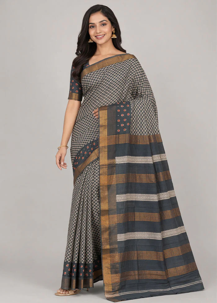 Grey Cotton Saree With Blouse Piece