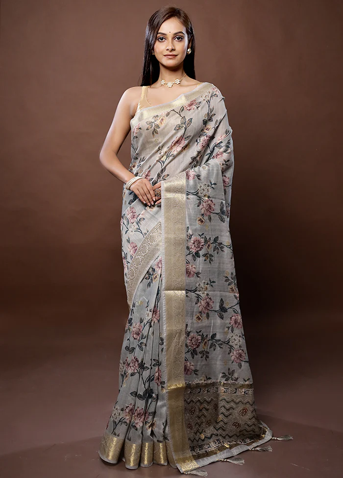 Grey Dupion Silk Saree With Blouse Piece - Image 2