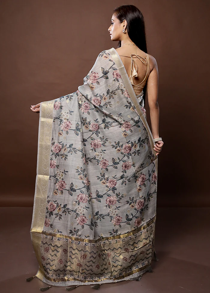 Grey Dupion Silk Saree With Blouse Piece - Image 3