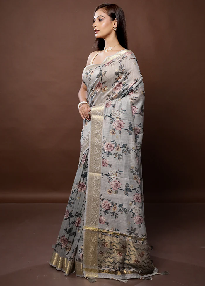 Grey Dupion Silk Saree With Blouse Piece - Image 4