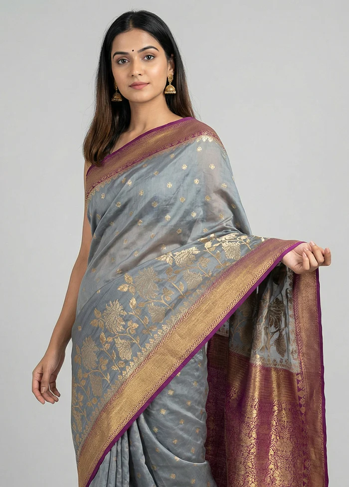 Grey Dupion Silk Saree With Blouse Piece - Image 2
